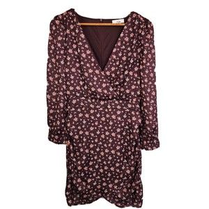 NSR SURPLICE LONG SLEEVE RUCHED DRESS IN BROWN FLORAL SMALL